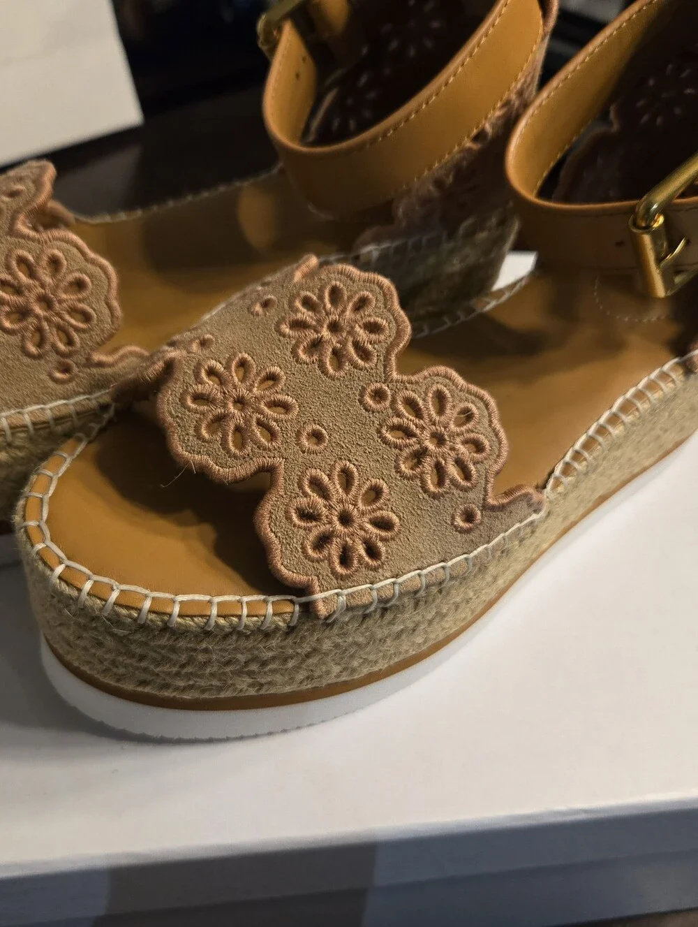 Tan Floral Embroidered Espadrille Sandals - See By Chloe Size 38 Fits 7.5-8